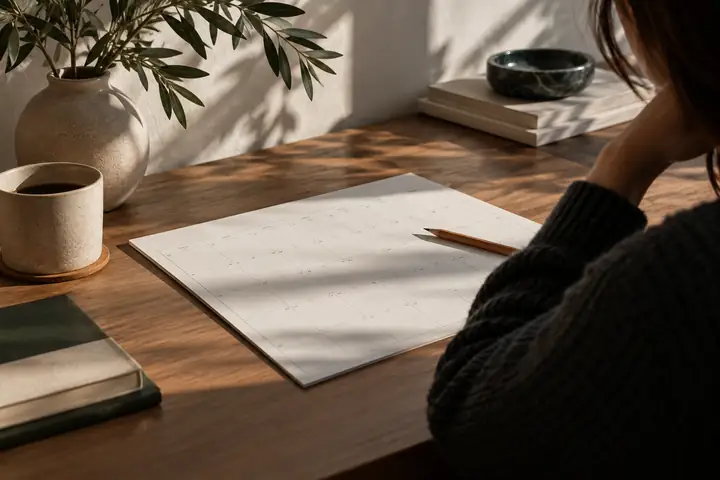 Minimalistische redaktionelle Fotografie eines Papierkalenders zur Planung und eines Bleistifts in weichem Studiolicht.