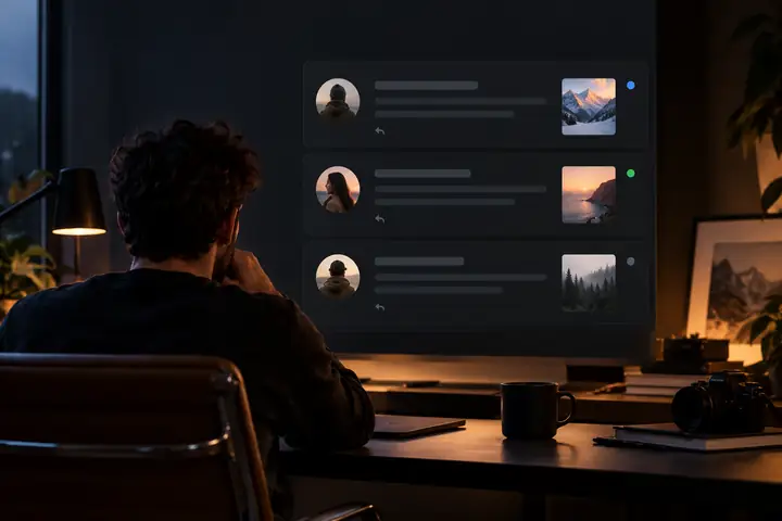 Dunkles, sorgfältig auf Abstand gehaltenes Mockup einer Social-Inbox-Oberfläche mit drei klar unterscheidbaren Gesprächskarten und zurückhaltender monochromer Typografie.