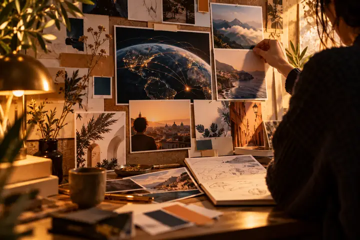 Warme redaktionelle Fotografie eines Moodboards zur Stimmung eines kreativen Produktlaunches, eng кадriert für ein kleines Vorschaubild.