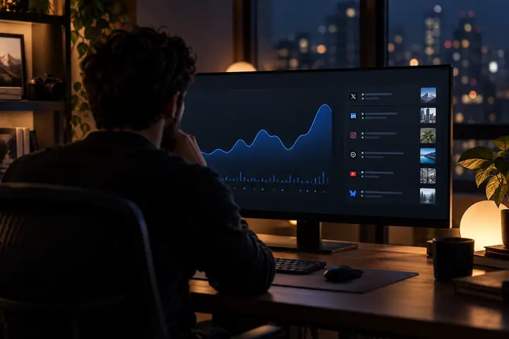 Breites Mockup einer dunklen Software-Analytics-Oberfläche mit einem zurückhaltenden blauen Aktivitätsdiagramm und einer kompakten Liste von Veröffentlichungsereignissen.