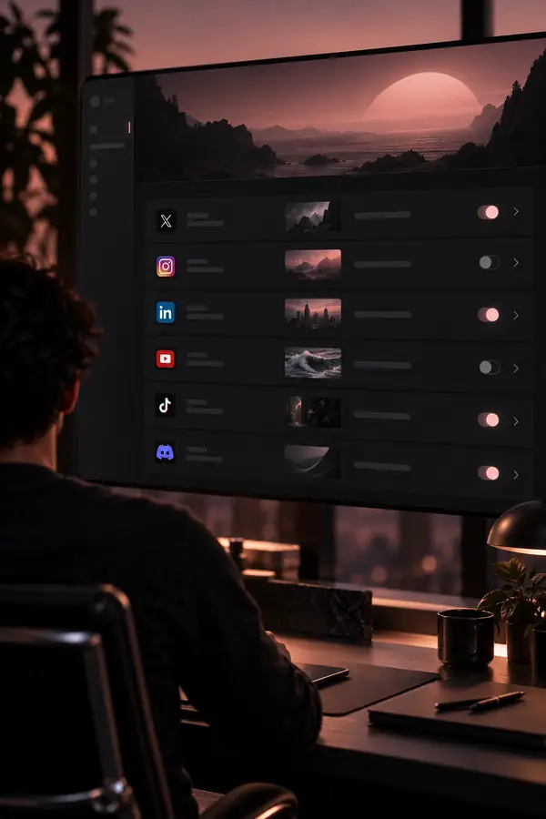 Hohes, dunkles Mockup einer Softwareoberfläche mit einem Panel für Vertriebskanäle unter einer dezenten, von Rosé zu Schwarz verlaufenden Kopfzeile.