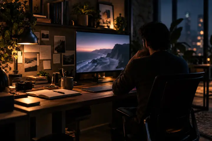 Dunkle redaktionelle Fotografie eines organisierten Arbeitsplatzes mit kleinen Notizen und einem sanft beleuchteten Bildschirm.